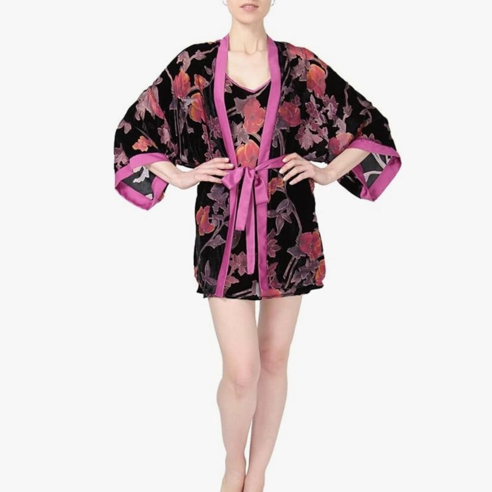 MeMoi Collection‎ Women's Floral Kimono Robe Black & Pink velvet burnout